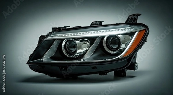 Obraz Sleek automotive headlight, black casing, dual projectors, LED strip, amber accent, close-up