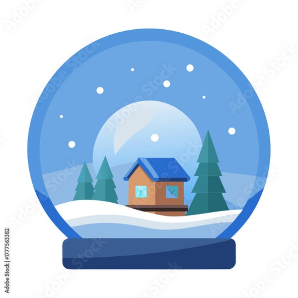 Fototapeta Cozy winter cabin inside a snow globe isolated on transparent background