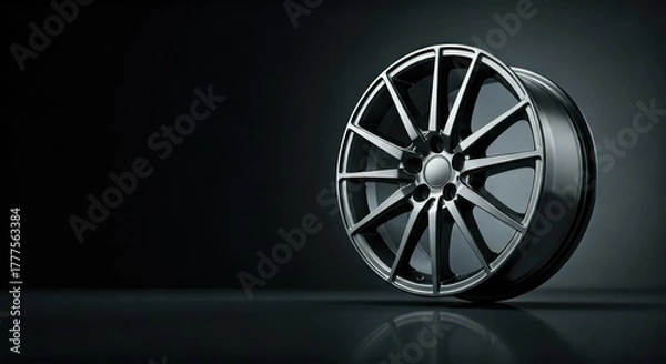 Obraz Sleek, metallic alloy car wheel with multiple spokes, presented against a dark, reflective backdrop
