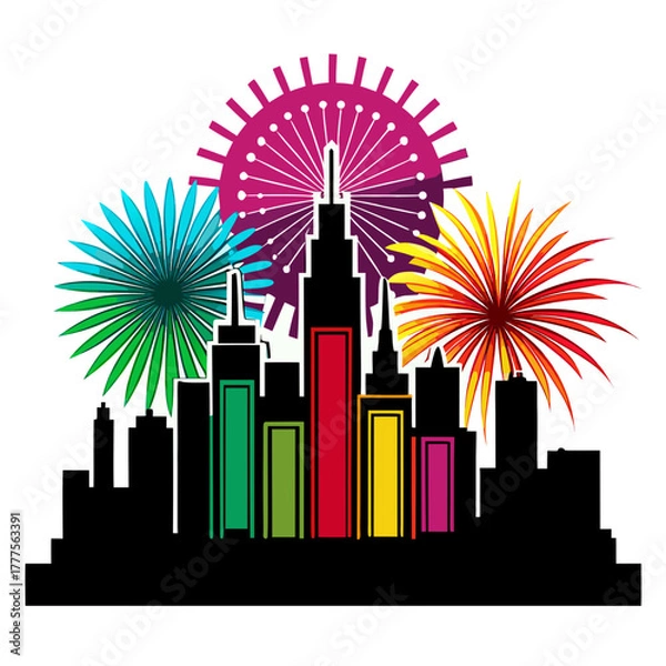 Fototapeta Colorful fireworks display over city skyline isolated on transparent background