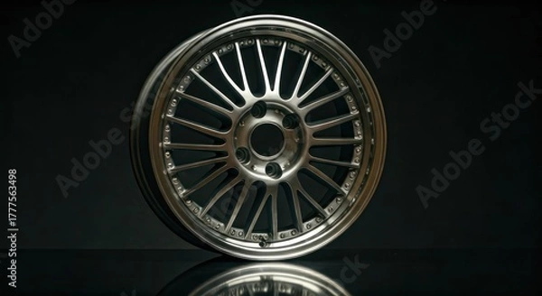 Obraz Sleek, shiny silver alloy wheel, intricate spoke design, isolated on a dark background