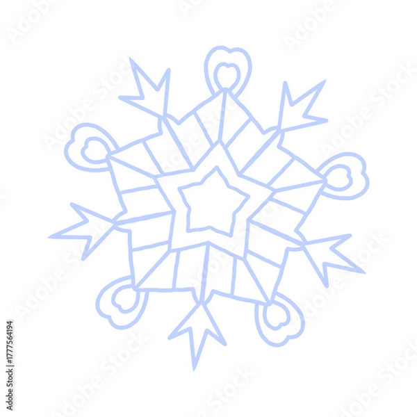 Obraz Snowflake icon vector. Detailed icy blue line art symbol with star center, isolated on white. Perfect for winter decor, Christmas cards, stickers, logo, and digital design.