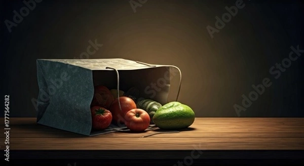 Obraz Still life of fresh produce spilling from a paper bag on a wooden surface