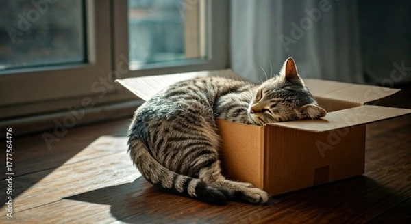 Obraz Striped cat asleep inside a cardboard box, lit by soft sunlight near a window