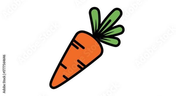 Obraz Simple illustration of a single carrot with green leaves, isolated on white.