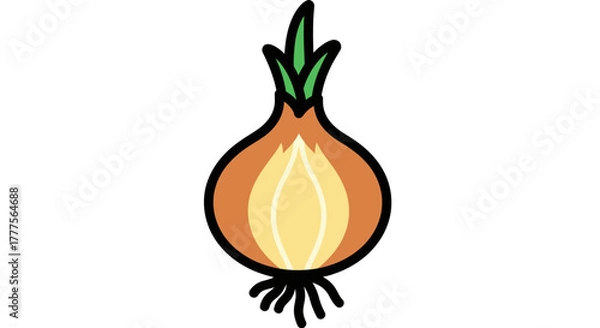 Obraz Illustration of a brown onion with green sprouts and roots on a white background.