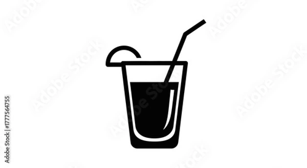 Obraz A glass with a straw and a slice of citrus fruit, depicted as a simple black and white icon.