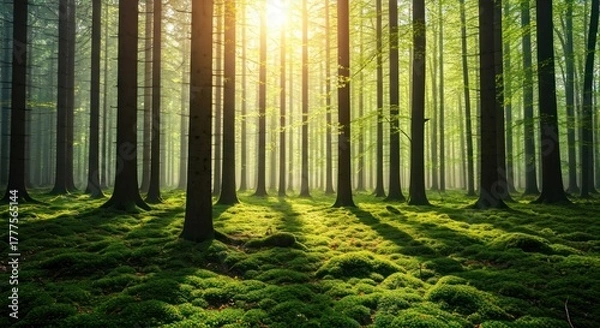 Obraz Sunlight streams through a lush forest, casting shadows on the green mossy ground