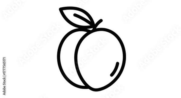 Obraz Simple line drawing of a peach with a leaf, isolated on a white background.