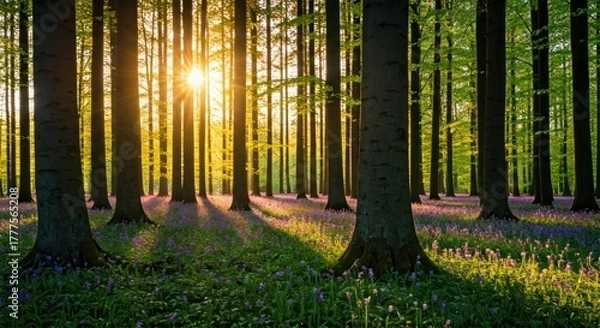 Obraz Sunlight streams through tall trees in a lush forest, casting long shadows on the ground