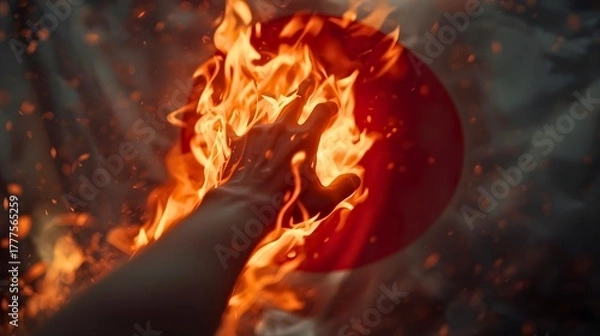 Fototapeta 国旗損壊罪のイメージ｜炎に包まれた手が日本国旗に忍び寄る