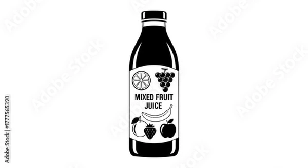 Obraz Black and white illustration of a bottle of mixed fruit juice with fruit icons on the label.