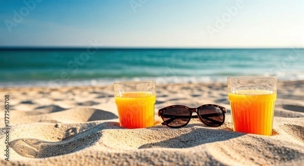 Obraz Sunny beach scene with two orange drinks and sunglasses on the sand, ocean in the distance