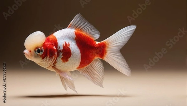 Fototapeta Elegant Red and White Oranda Goldfish Swimming Gracefully.
