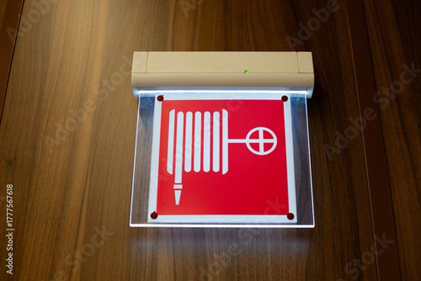 Obraz Illuminated sign with fire cabinet symbol. Sign depicting fire hydrant indicates location of water hose connection. Safety concept for public spaces thanks to fire protection systems