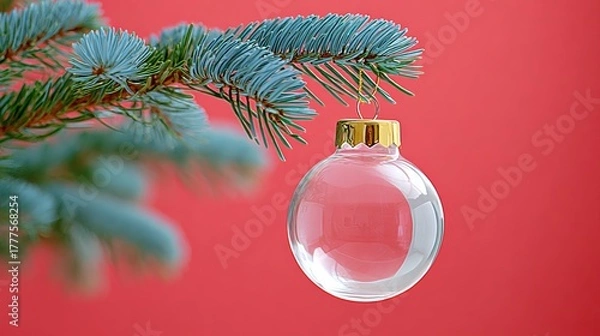 Fototapeta A clear glass Christmas ornament hanging from a pine branch against a red background