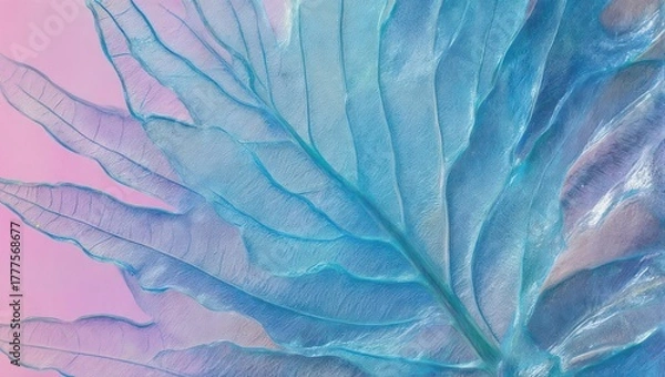 Fototapeta Translucent Blue Leaf on Pink Gradient Background, Abstract Art.