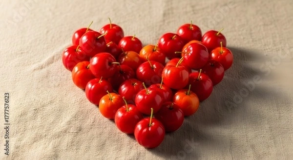 Fototapeta Heart shape made with fresh red acerola cherries on a textured fabric surface