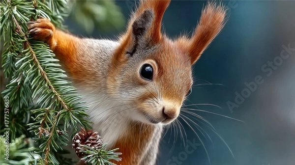 Fototapeta Squirrel is perched on a tree branch with a pine cone in its mouth. Concept of curiosity and playfulness, as the squirrel seems to be enjoying its time in the tree