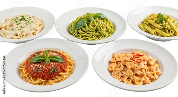 Obraz Assortment of five delicious pasta dishes, including creamy carbonara, pesto, and tomato sauce, isolated on transparent background