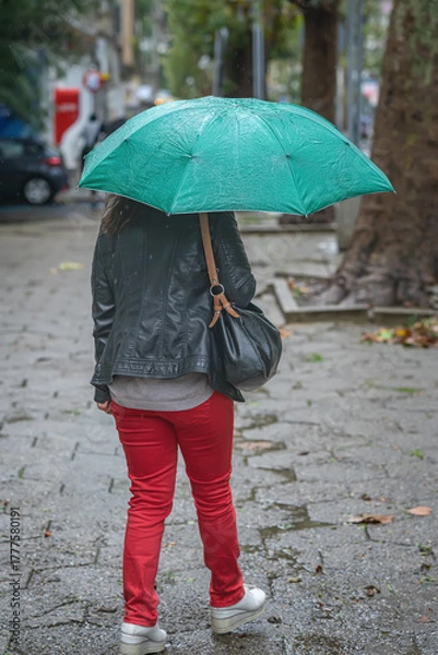 Fototapeta Back view of woman with green umbrella walking on wet pavement in red pants and leather jacket. Urban lifestyle, rainy day, urban solitude