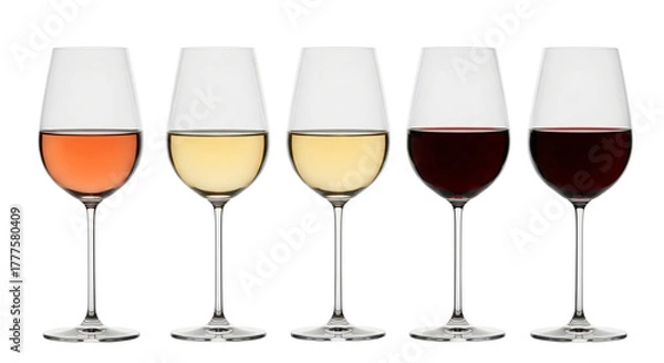 Obraz Five glasses of wine, including rose, white, and red, arranged in a row isolated on transparent background