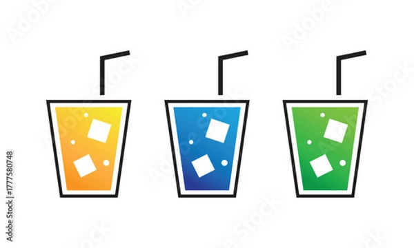 Fototapeta Colorful Drink Glasses with Ice Cubes and Straws Vector Design
