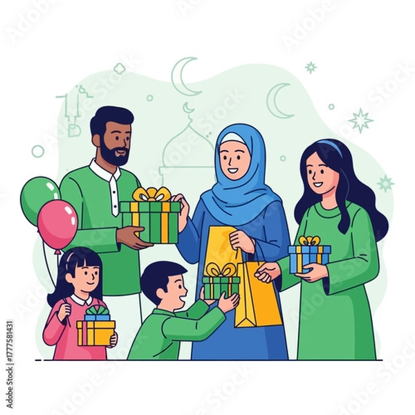 Obraz Happy muslim family exchanging gifts during eid alfitr celebration at home, creating a warm and festive atmosphere full of joy and togetherness.