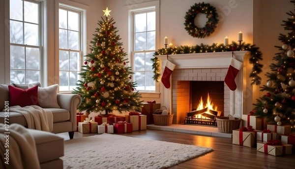 Obraz Salon d'une maison décorée pour noel