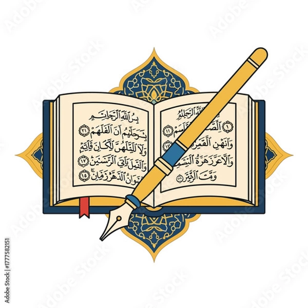 Obraz Open Quran book with Arabic calligraphy rests on ornate stand, symbolizing faith, knowledge, and spiritual reflection in a serene atmosphere.