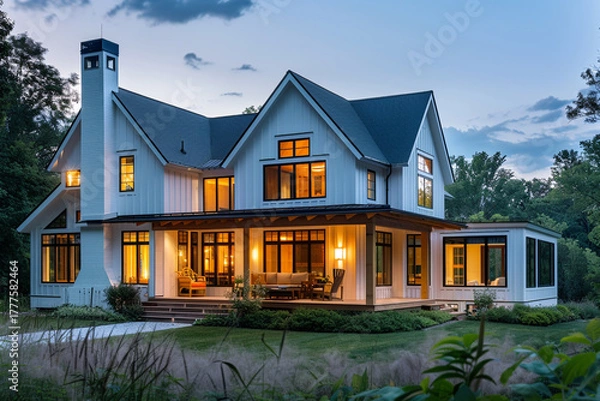 Obraz Twilight View of Modern Luxury Farmhouse with Pristine White Walls and Garden