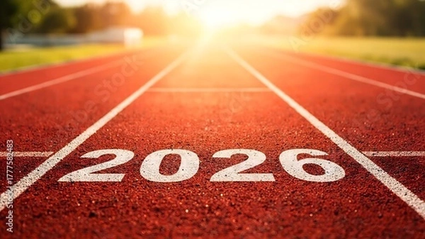 Fototapeta 2026 New Year Success Concept: Red Athletic Running Track with Sun Flare, Perspective View to the Horizon, symbolizing Goal Setting, Future Vision, Achievement, and a Fresh Start
