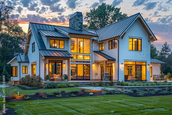 Obraz Beautiful Modern Farmhouse Architecture Illuminated at Sunset