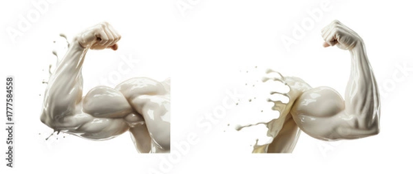Fototapeta Two muscular arms made of milk flexing against a stark shot on transparent background