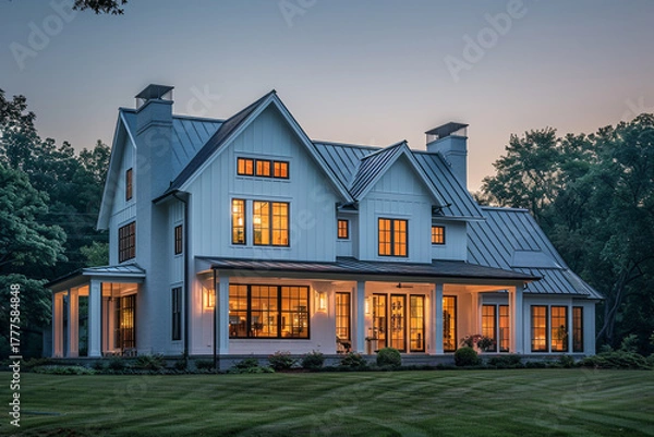 Obraz Elegant Modern Farmhouse Design with White Siding and Twilight Ambiance