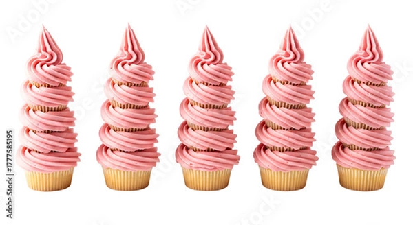 Fototapeta Row of five pink frosted cupcakes with swirled frosting, isolated on transparent background