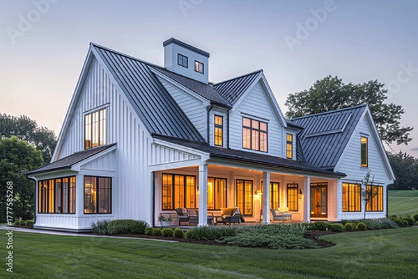 Obraz Modern White Farmhouse at Twilight with Glowing Windows and Green Lawn