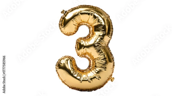 Fototapeta Golden Number Three Foil Balloon, isolated on transparent background