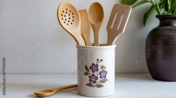 Fototapeta Natural wooden kitchen utensils neatly arranged in a decorative ceramic holder