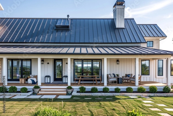 Obraz Modern Farmhouse Exterior with Board and Batten Siding and Metal Roof