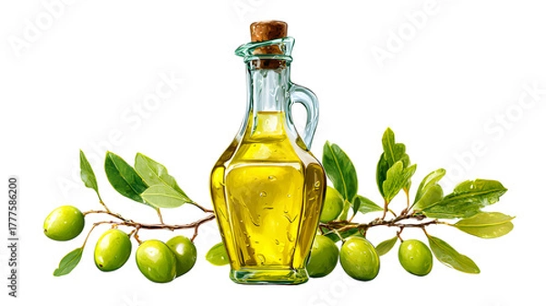 Fototapeta Olive Oil Bottle with Olives and Branch, isolated on transparent background