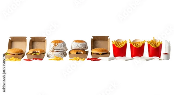 Fototapeta A collection of fast food items including burgers, french fries in red cartons, and condiments, isolated on transparent background
