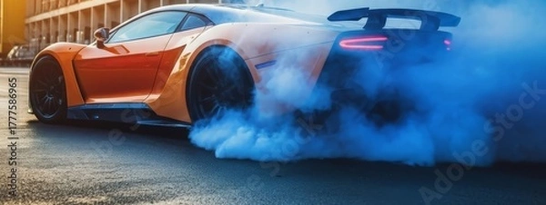 Obraz Sportscar performing a burnout, creating clouds of smoke