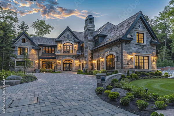 Obraz Beautiful newly built luxury home featuring stone accents, a spacious driveway, and lush landscaping. The architectural design exudes sophistication and grandeur.