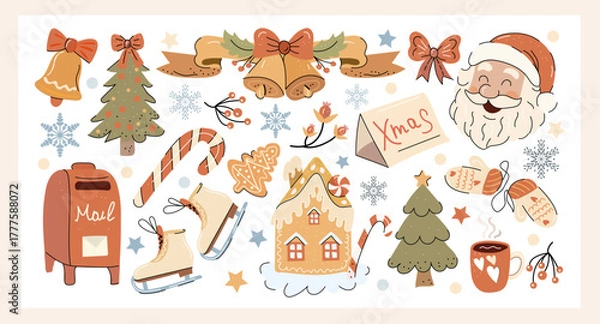 Fototapeta Christmas set of graphic elements, hand drawn retro style - cute objects, Santa Claus, Christmas tree, gift boxes, baubles and other elements. Vector illustration.