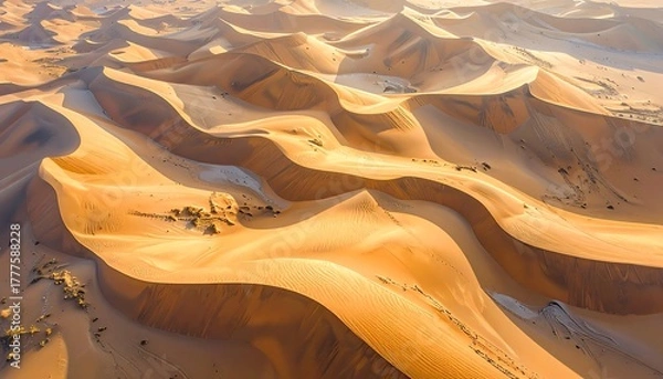 Fototapeta Golden Desert Dunes, Expansive Sand Landscape with Natural Wind Patterns