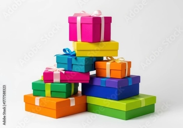 Fototapeta A tall stack of colorful gift boxes with ribbons and bows, isolated on a white background