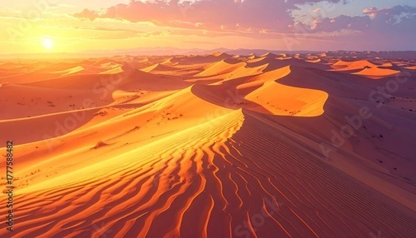 Fototapeta Golden Desert Dunes at Sunset, Dramatic Landscape with Warm Light and Shadows