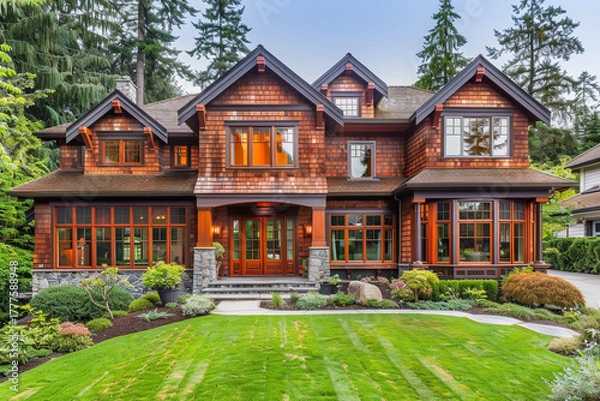 Obraz Traditional Luxury Home with Cedar Shingle Siding and Lush Garden Landscape