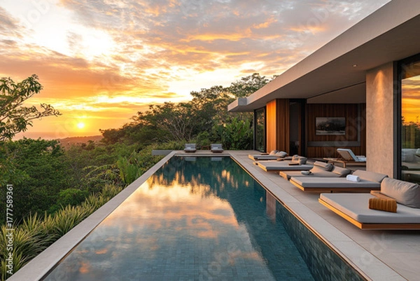 Obraz Captivating view of a tropical pool villa's exterior at sunset, showcasing a beautifully landscaped garden with a large swimming pool.